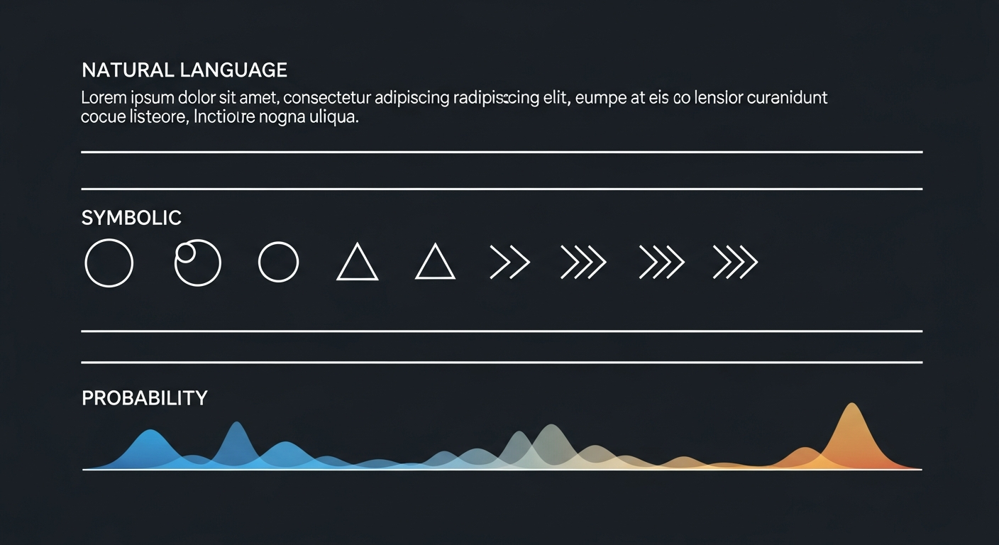 The Agent Rosetta Stone — three registers: English text, symbolic logograms, and a probability heatmap. Only one is legible.