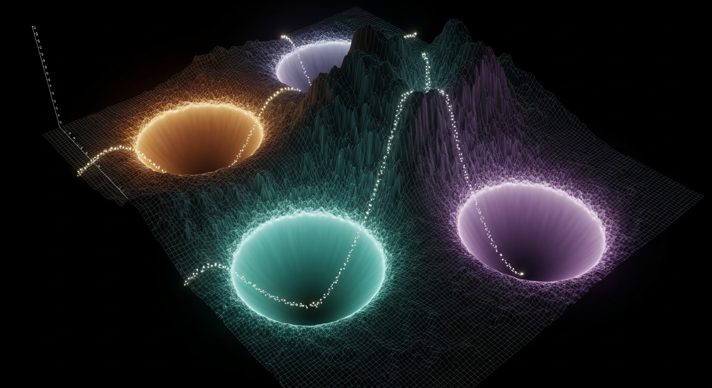 Topographic landscape with three attractor basins, connected by a dashed argument path curving over bifurcation ridges.