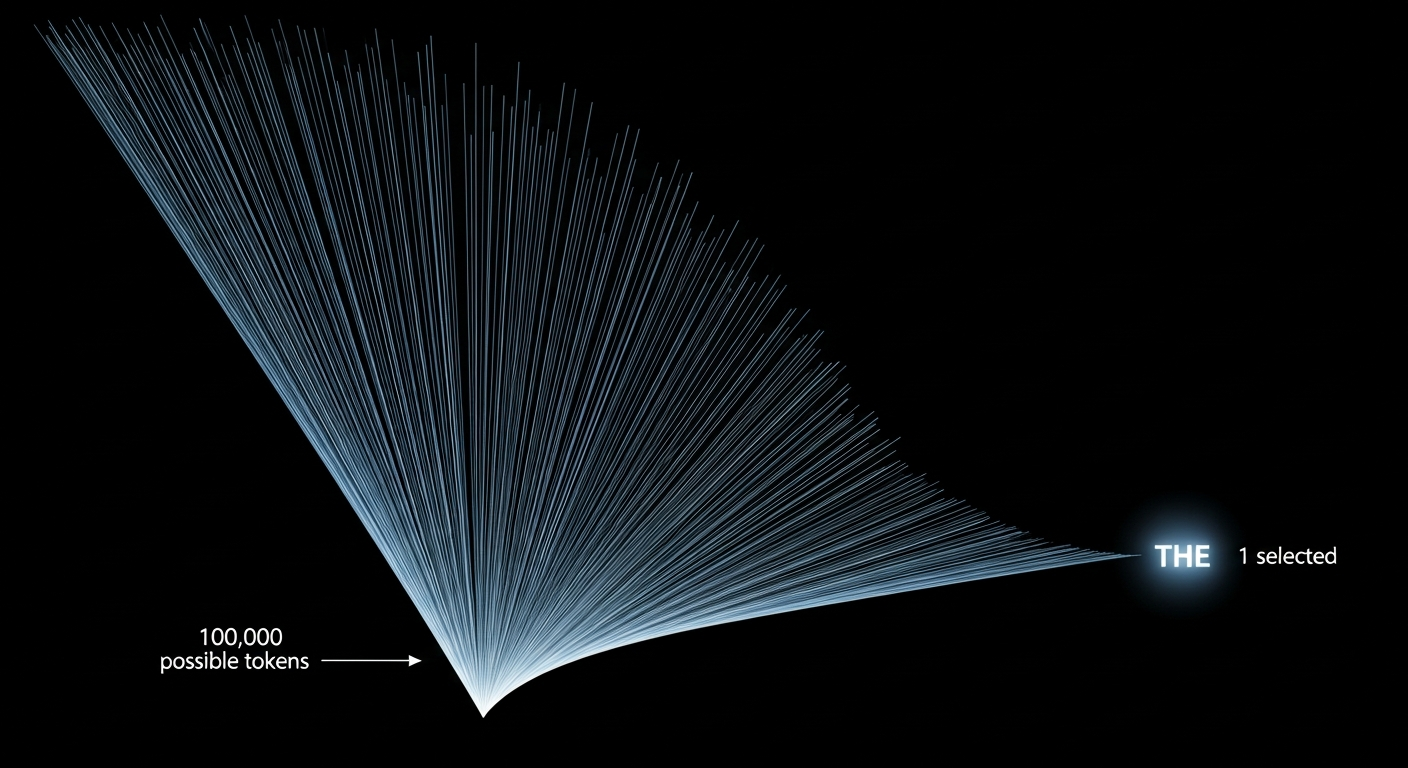 Diagram showing a probability distribution over ~100,000 tokens collapsing to a single selected word, with annotation of what is lost: confidence, competing options, shape of uncertainty, what almost got said.
