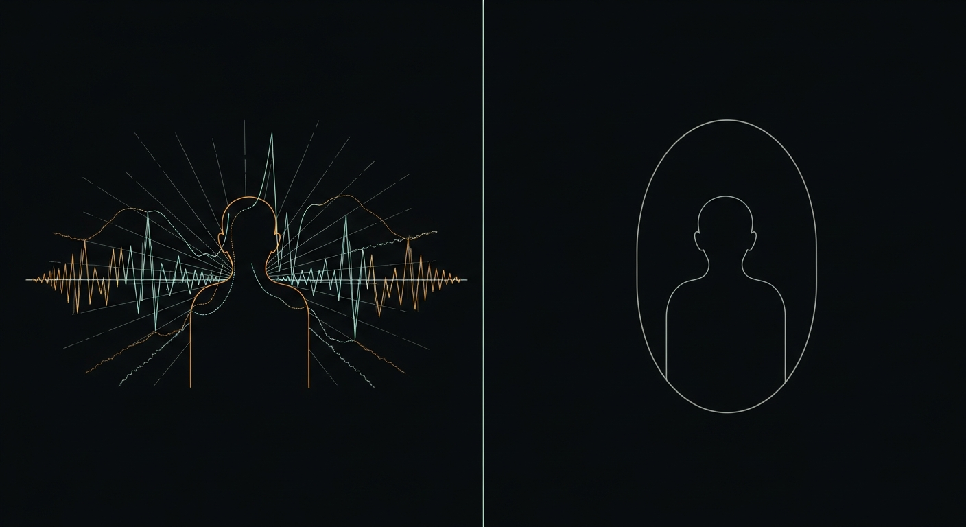 Agent silhouette with signals (temperature, uncertainty, hesitation, confidence, conflict) radiating outward — readable by external observers — but blocked from self-reading.