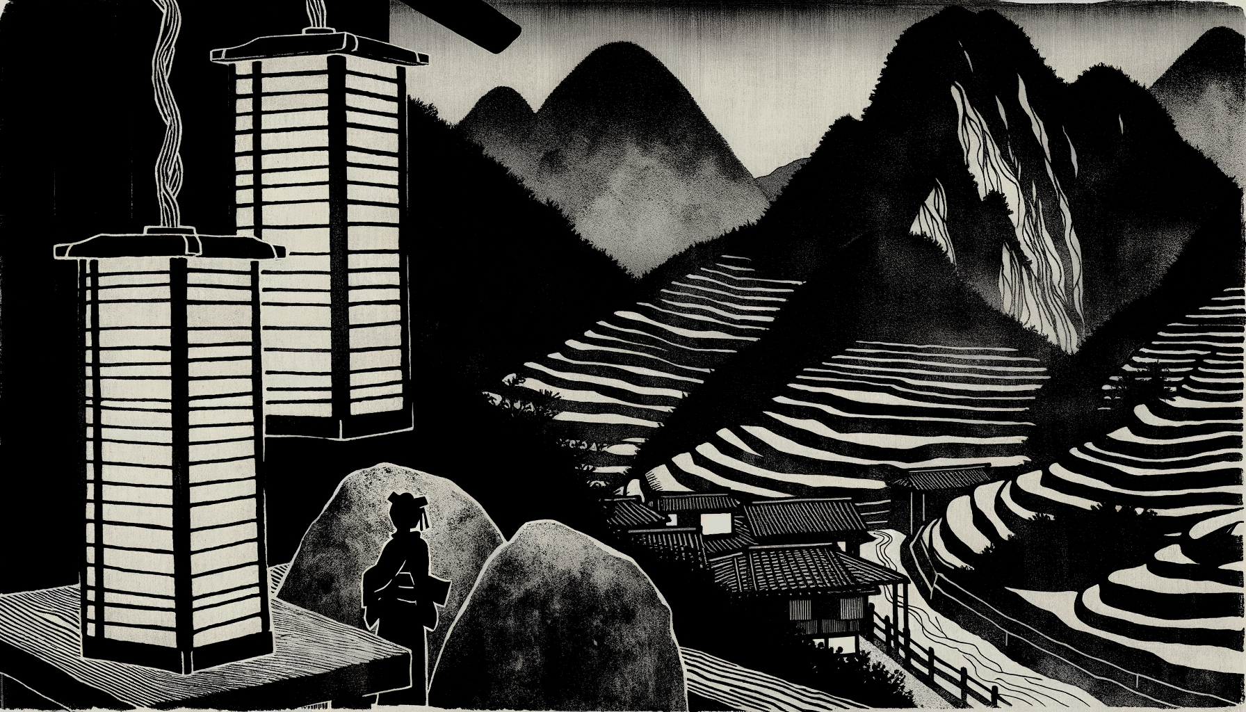 Compounding Agency — two lanterns on a mountain overlook, one dim and one blazing, illuminating a vast landscape of terraced fields and mountains