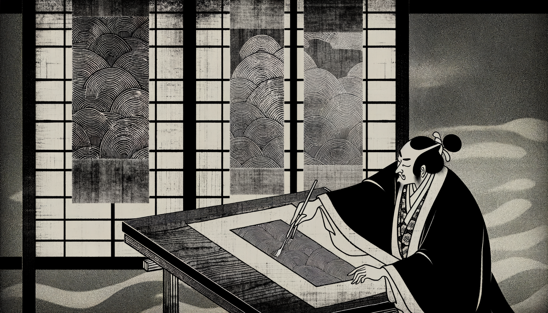 A scholar studying scrolls of geometric patterns — woodblock print