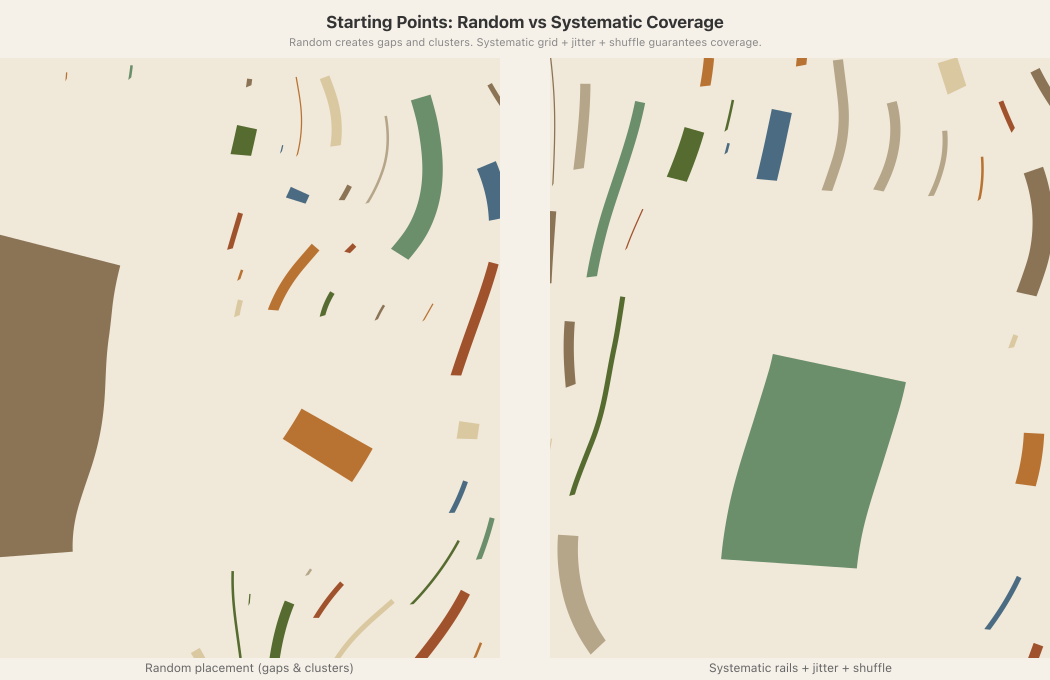 Side-by-side: random vs systematic starting points