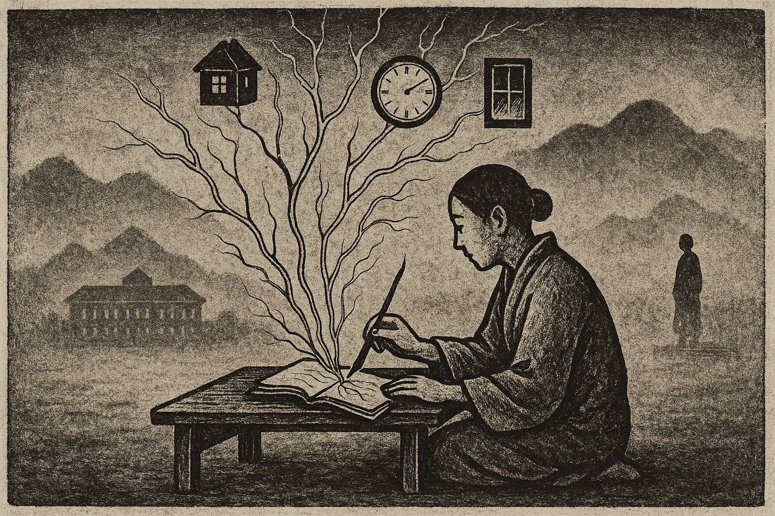 Mezzotint etching of a solitary figure writing in a notebook, with neural filaments extending from the pages into the surrounding world — connecting to a clock, windows, and distant buildings in a misty landscape.