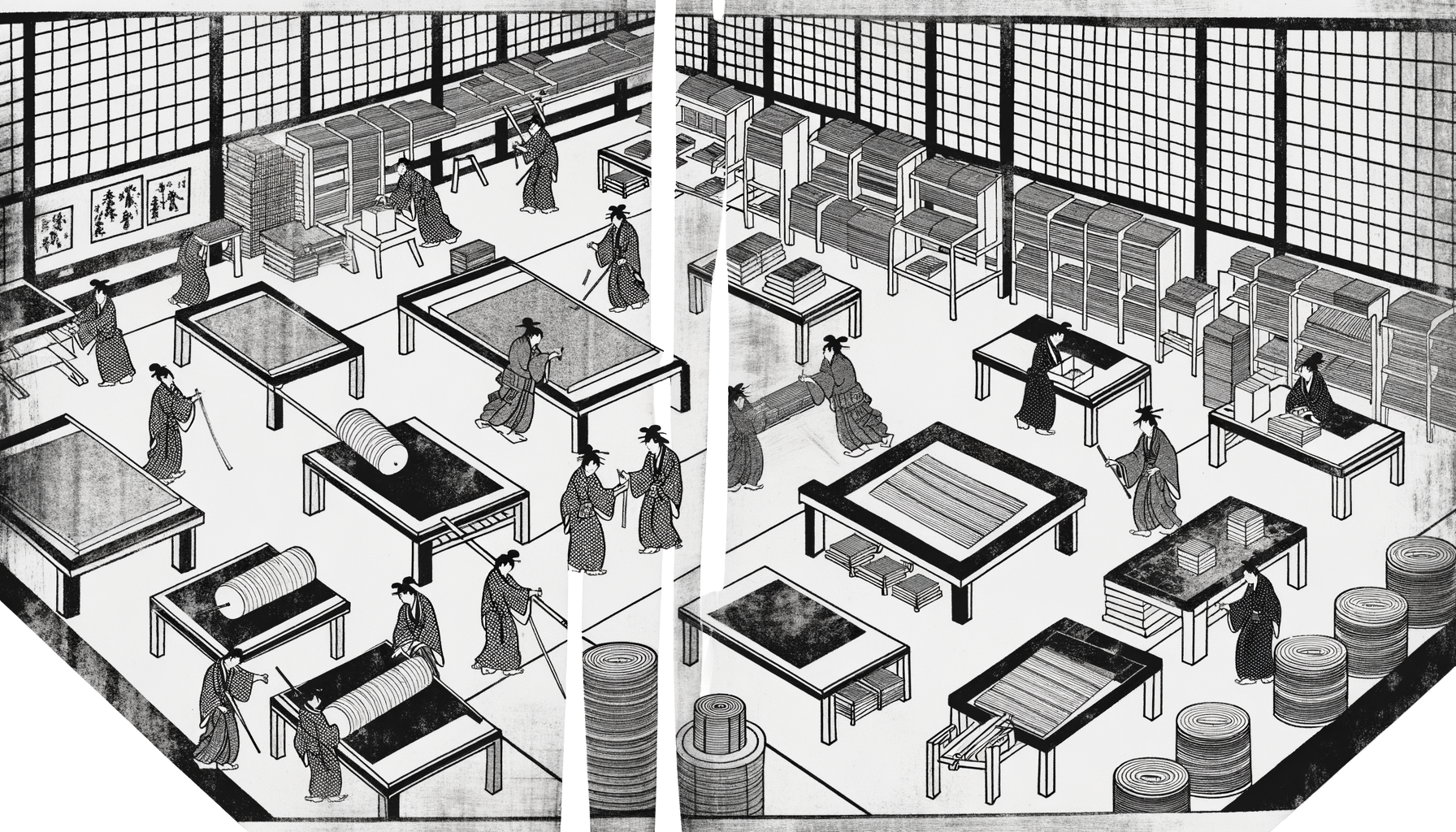 A multi-stage workshop with craftsmen, scholars, and apprentices &mdash; woodblock print