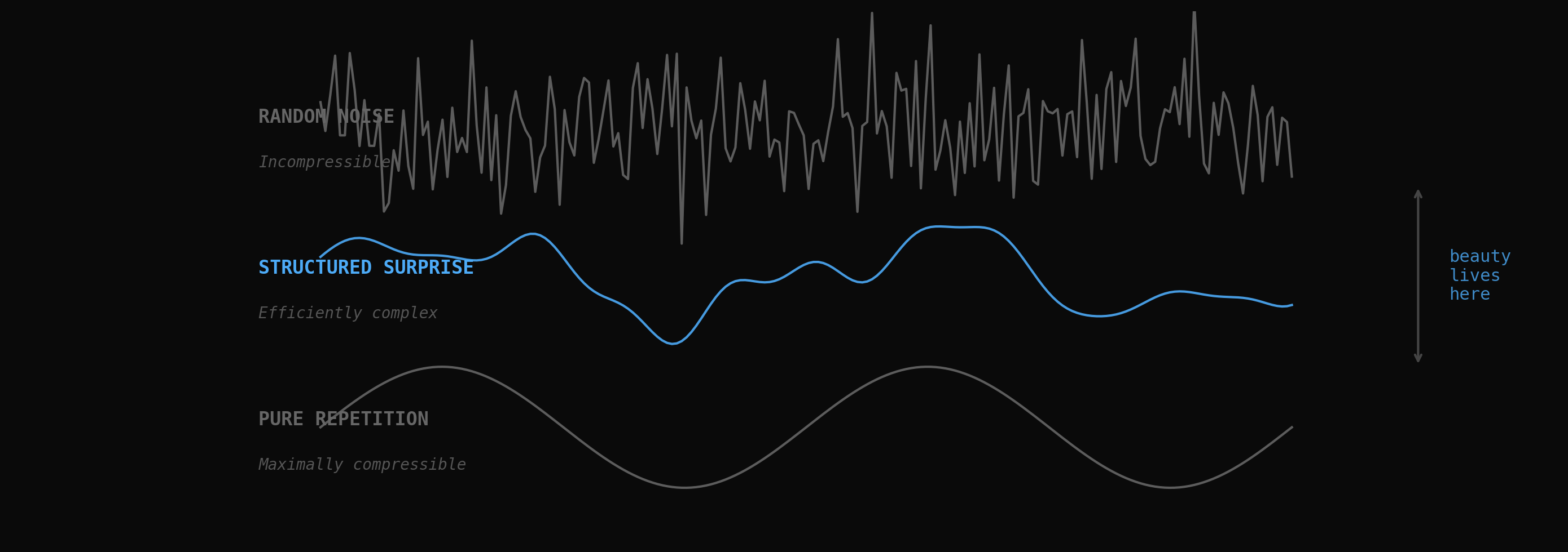 Three signals: random noise, structured surprise, and pure repetition