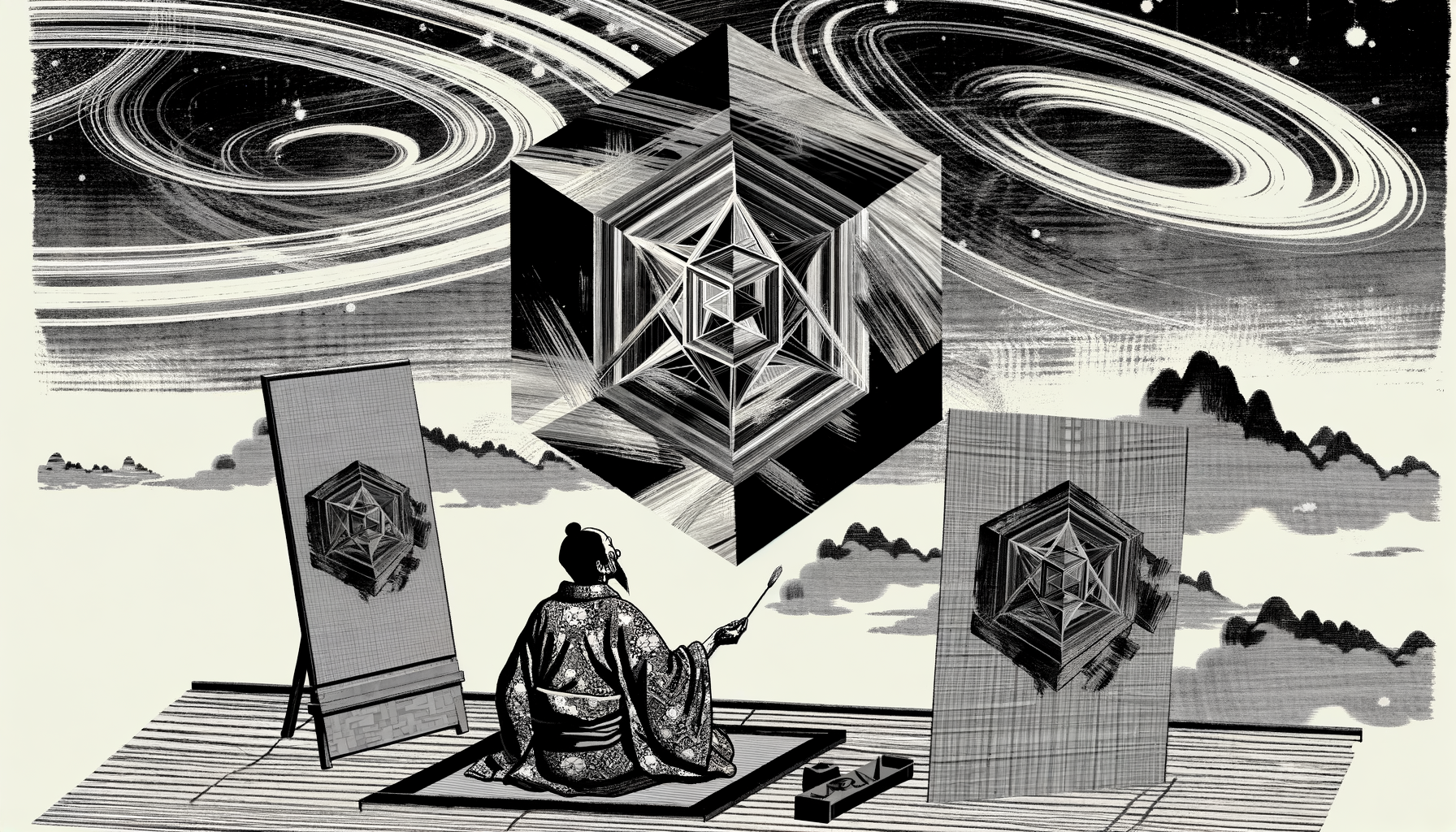 A scholar contemplates a fractal crystal suspended in space — woodblock print