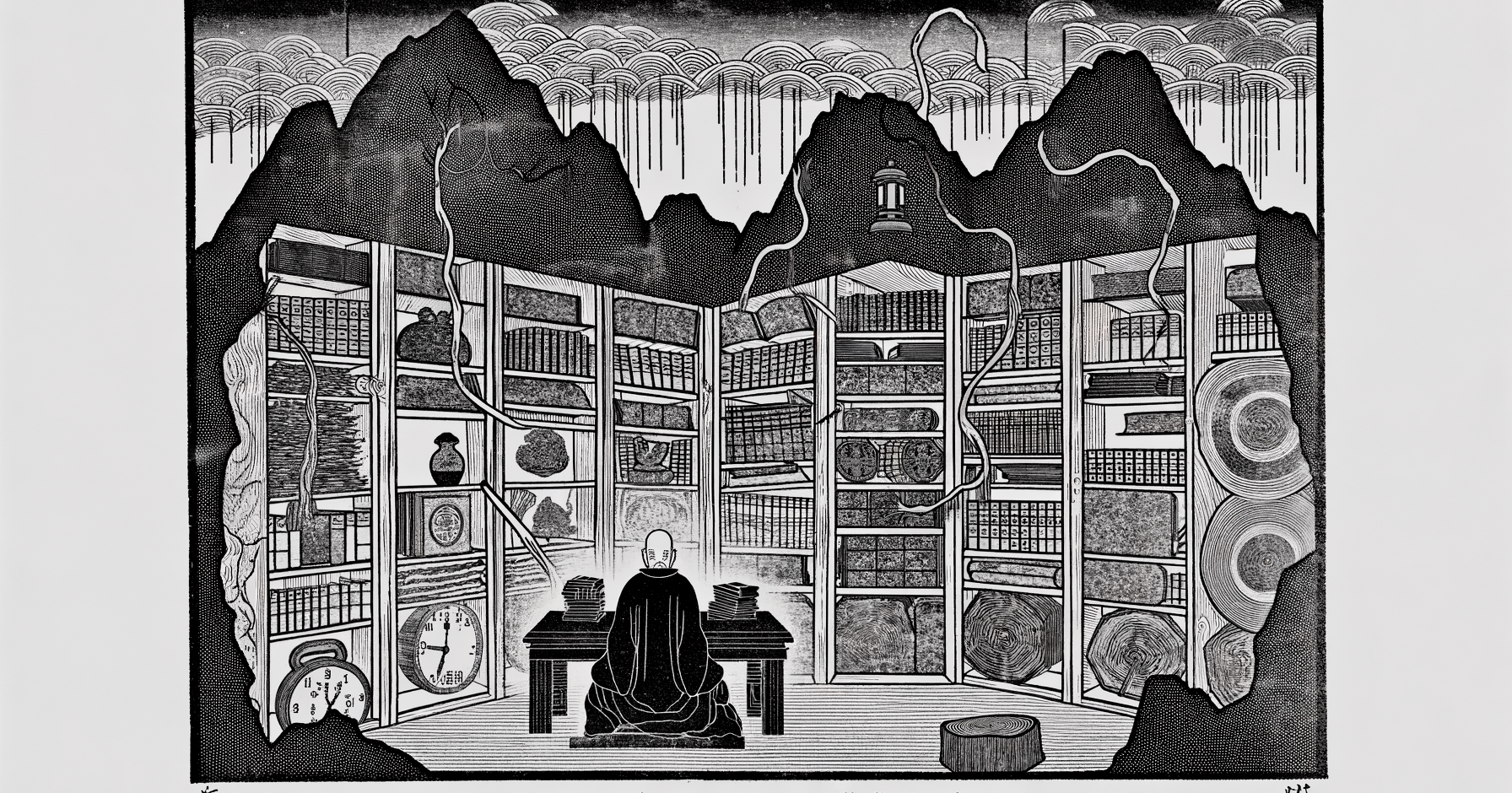 A scholar seated before a vast archive carved into a mountainside — woodblock print
