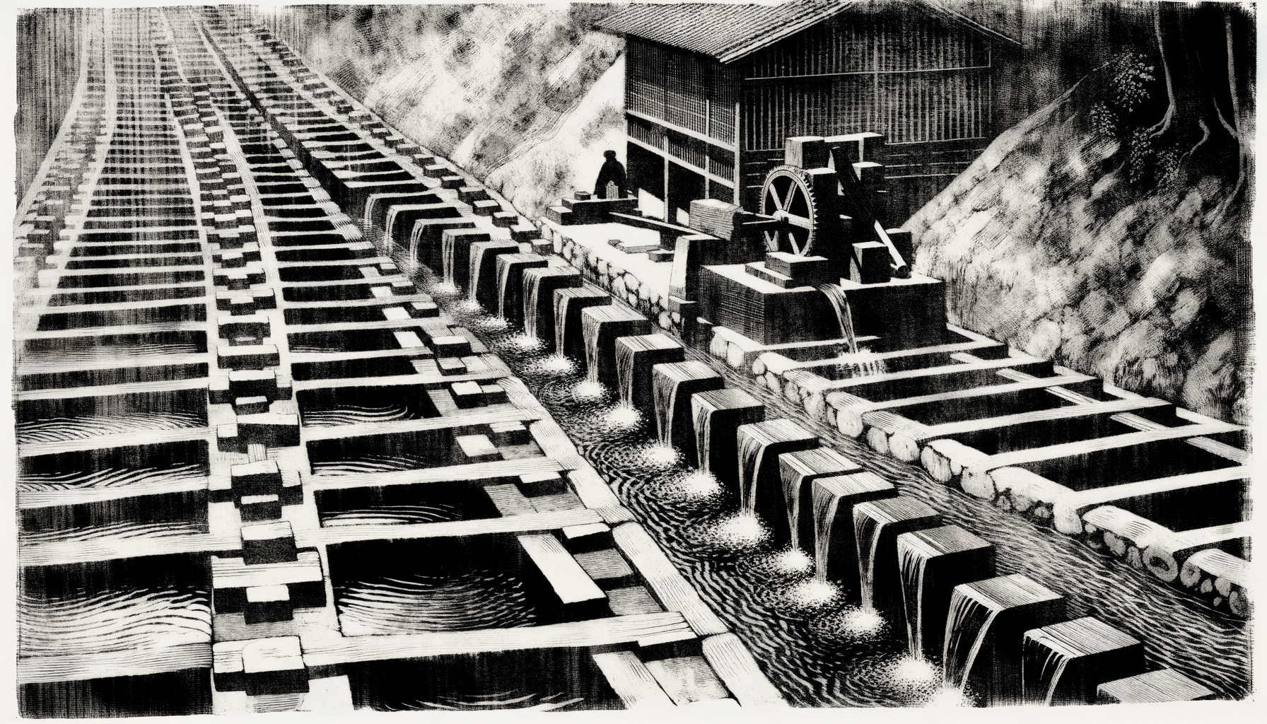 Water channels carved into stone terraces on a mountainside, with feedback loops redirecting flow upward — woodblock print