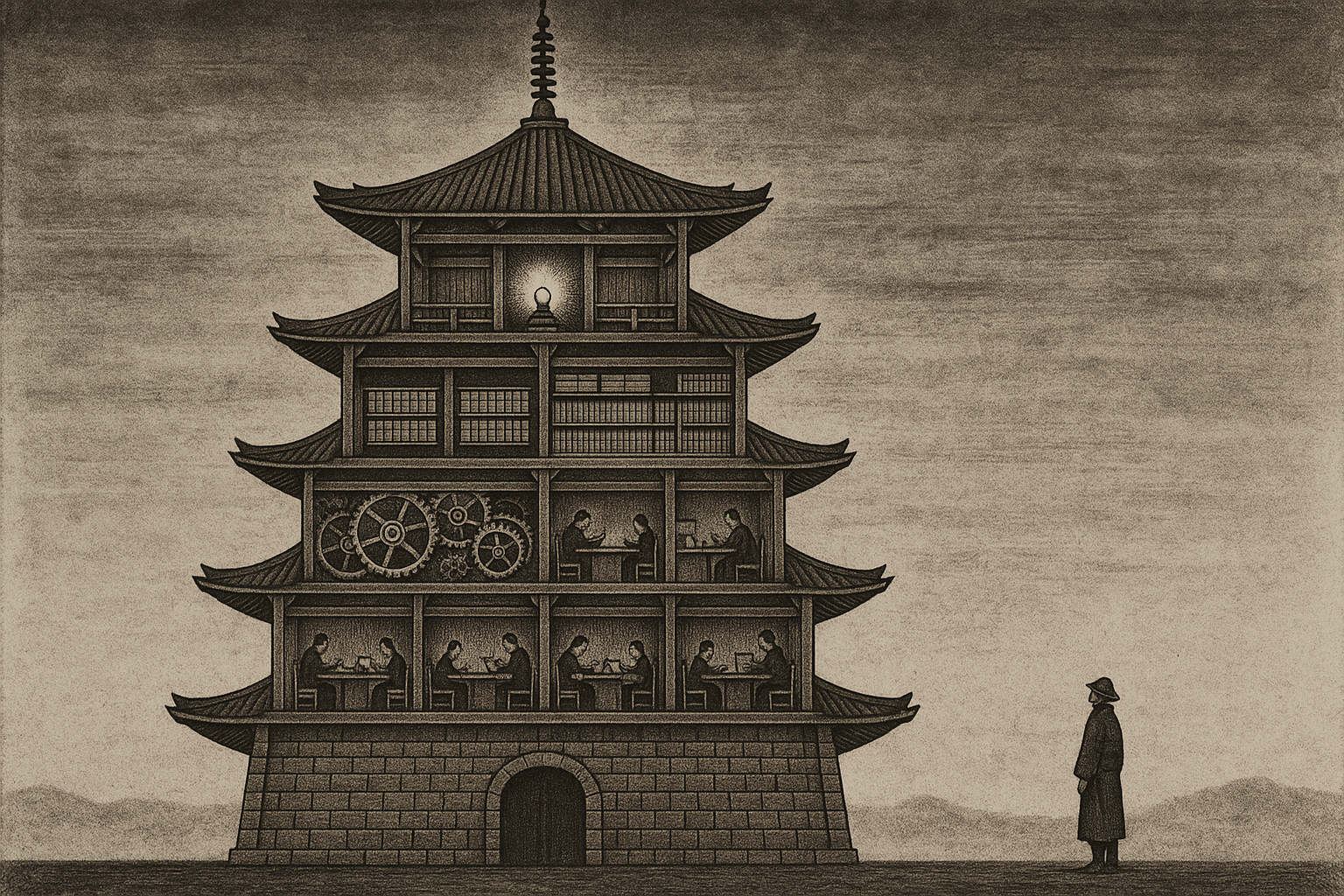 Open-Sourcing the Atlas Architecture — a nine-layered pagoda cross-section revealing workers, gears, scrolls, and a glowing light at the apex, in Edo period woodblock print style