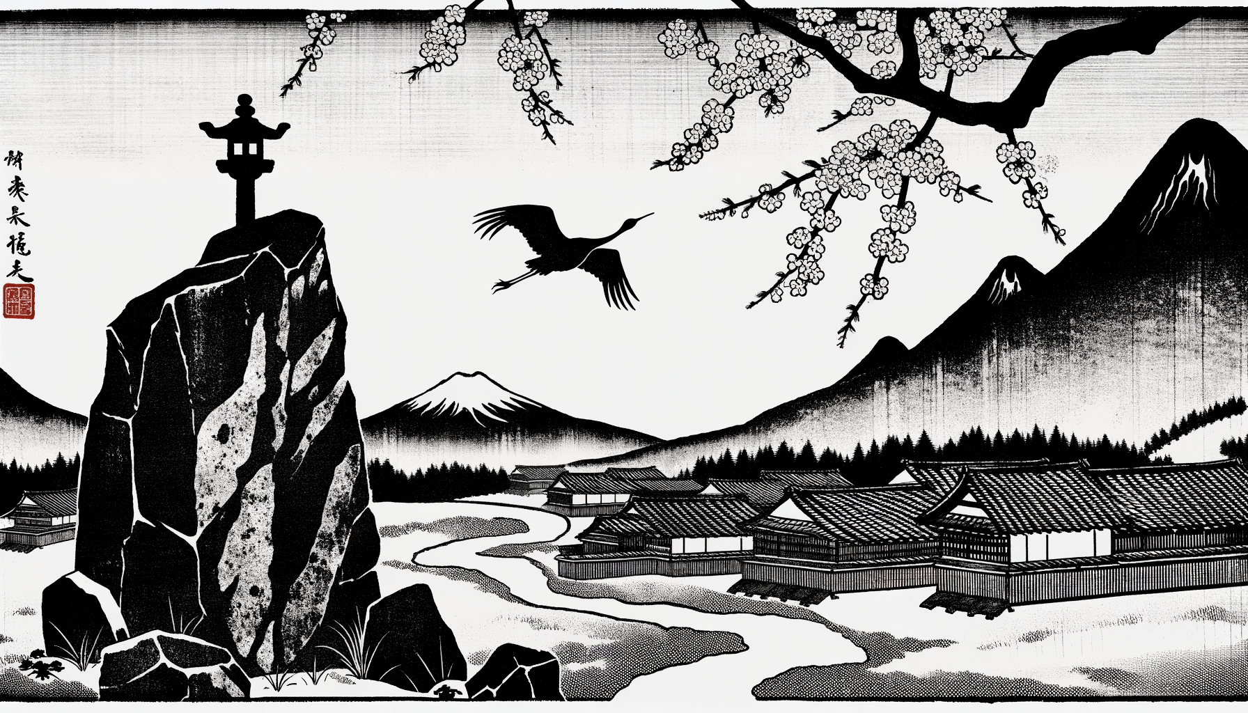 A crane takes flight from a village toward distant mountains — woodblock print style