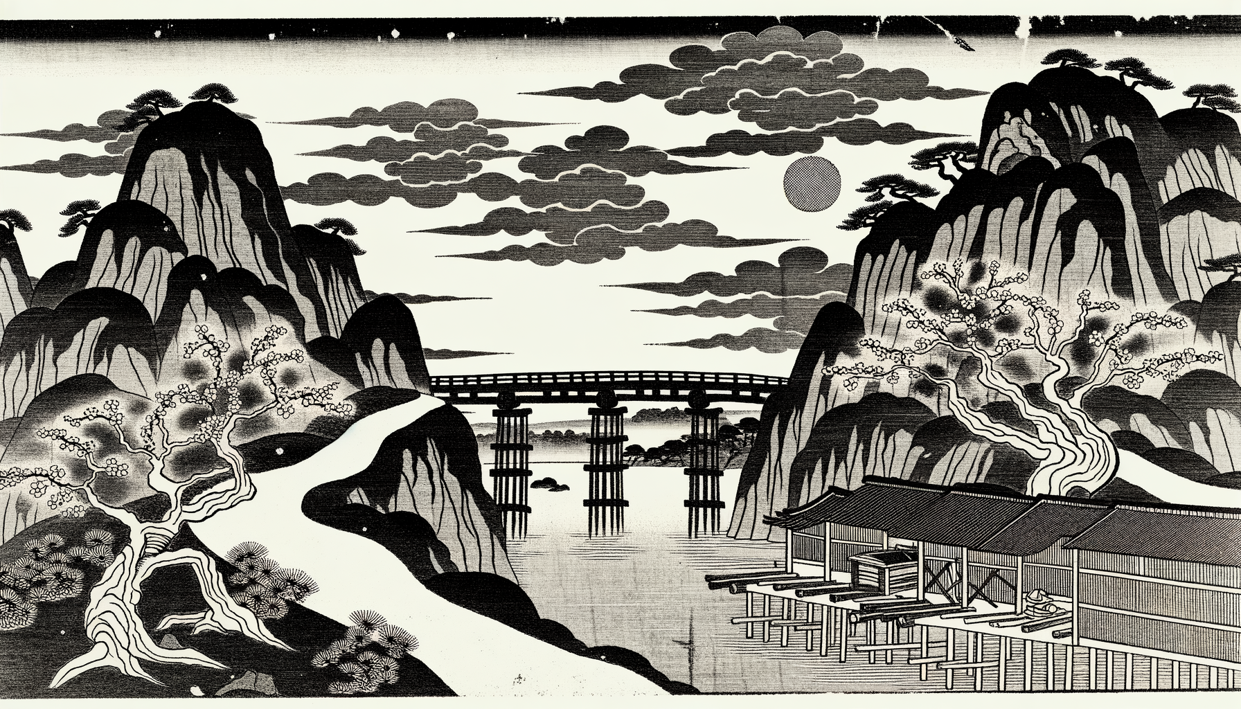 Ukiyo-e woodblock print: two paths diverging from a bridge